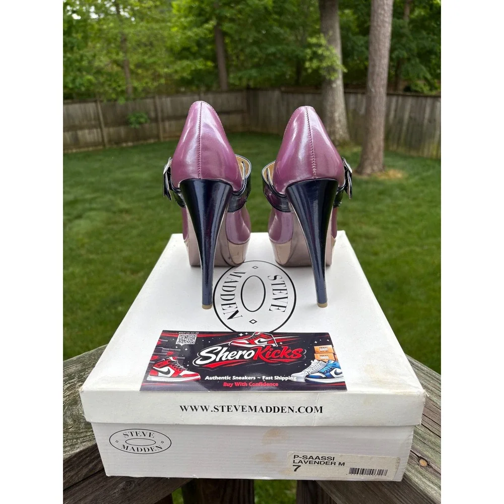 Steve Madden Saassi Lavender Metallic Peep Toe Platform Mary Jane Heels Navy 7